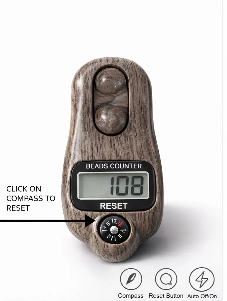 Digital Beads Counter with LCD Display, Dual Cushioned Clicker Buttons, Built-in Compass, Woodgrain Ergonomic Design for Meditation